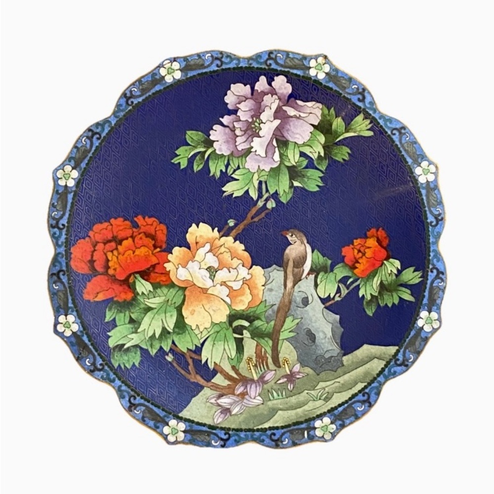 Vintage Cloisonné Plate Gold Scallop Trim On Blue, With Bird And Blossoms, 12”